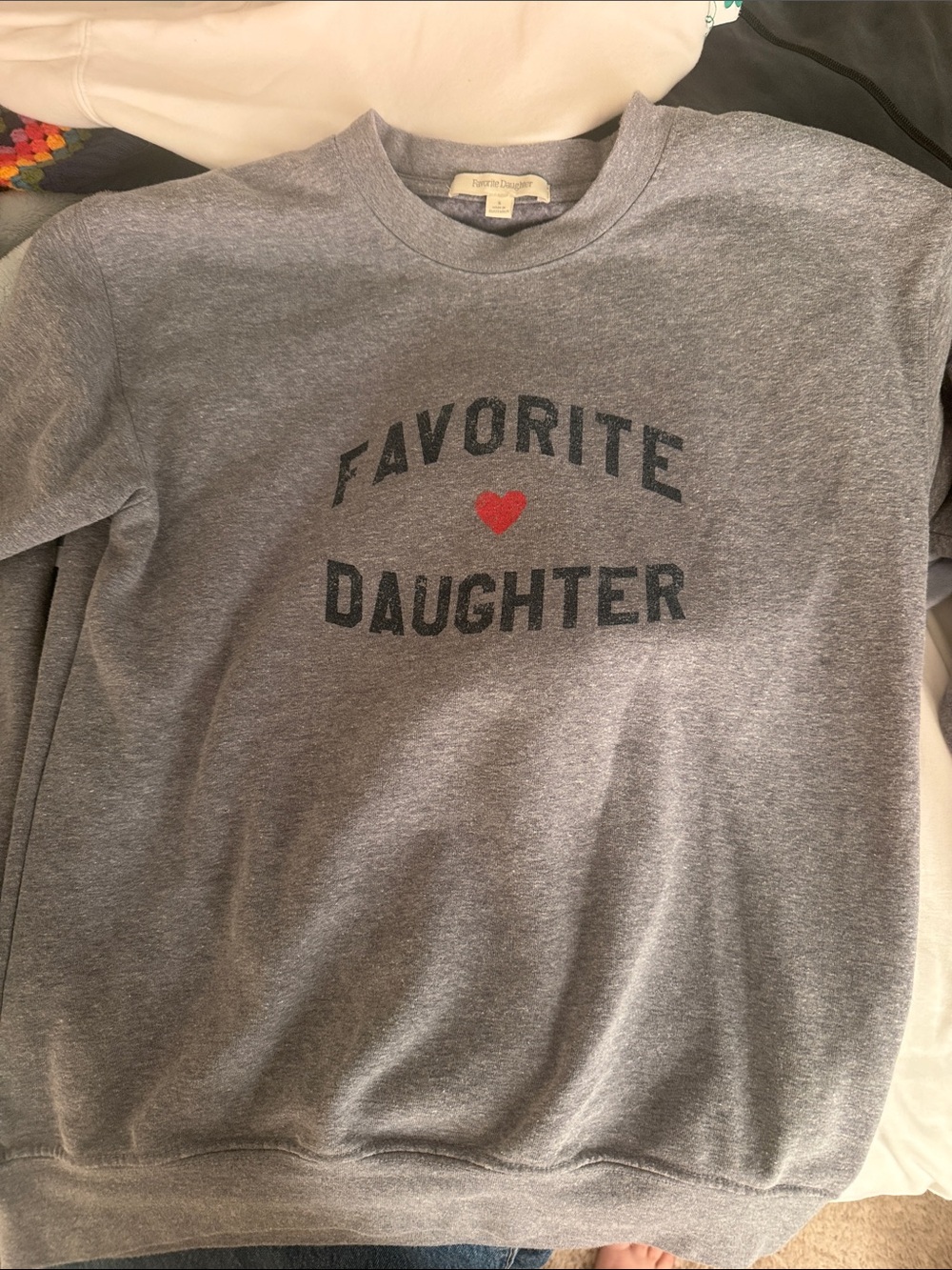 Favorite Daughter Gray Crewneck Sweatshirt with Red Heart Graphic